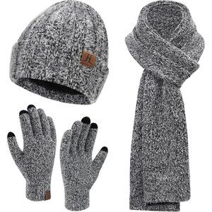 Women's Black Warm Knit Beanie Hat Touchscreen Gloves Long Neck Scarf Set
